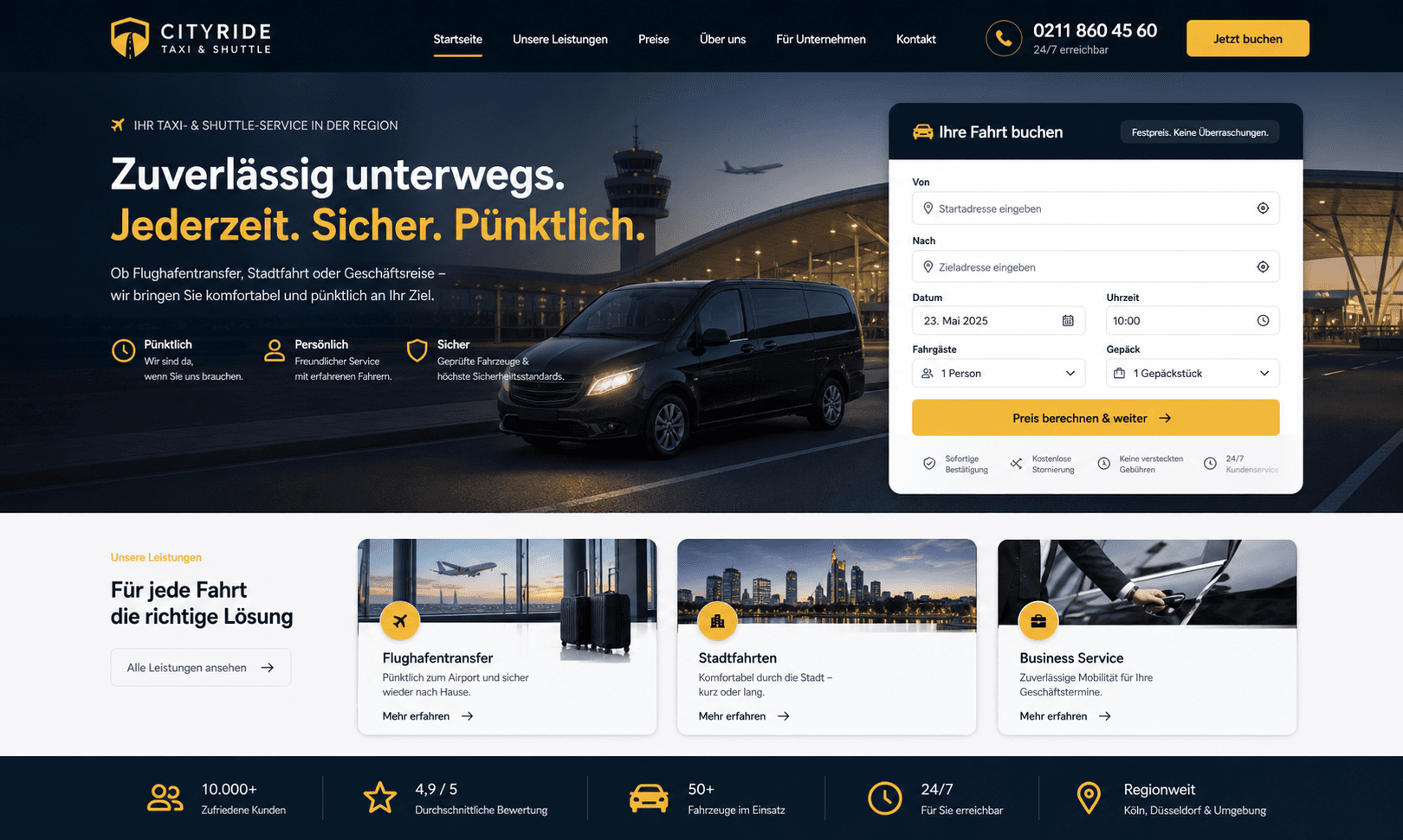 Fiktiver Taxi- oder Shuttle-Website-Mockup Screenshot
